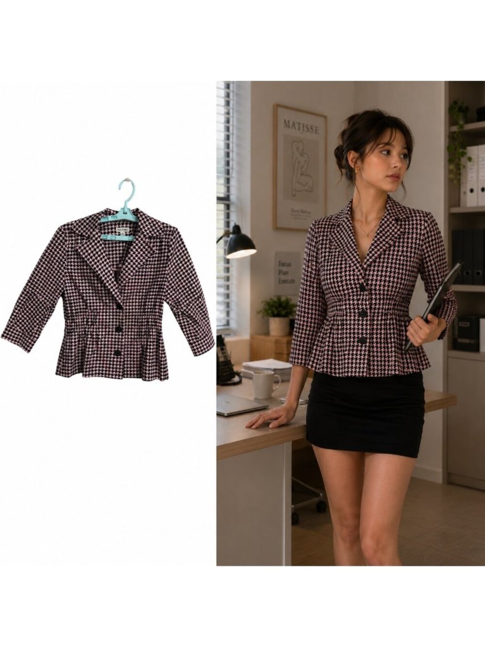 Joan Rivers Pink & Black Houndstooth Stretch Blazer SZ Small Career Preppy